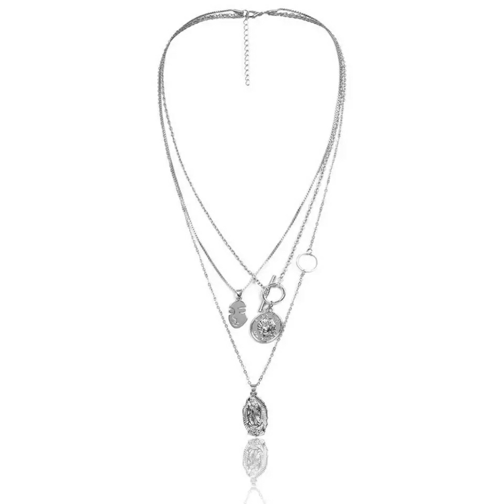 Silver Coin Layered Pendant Necklace Chain Face Head - Picture 6 of 7